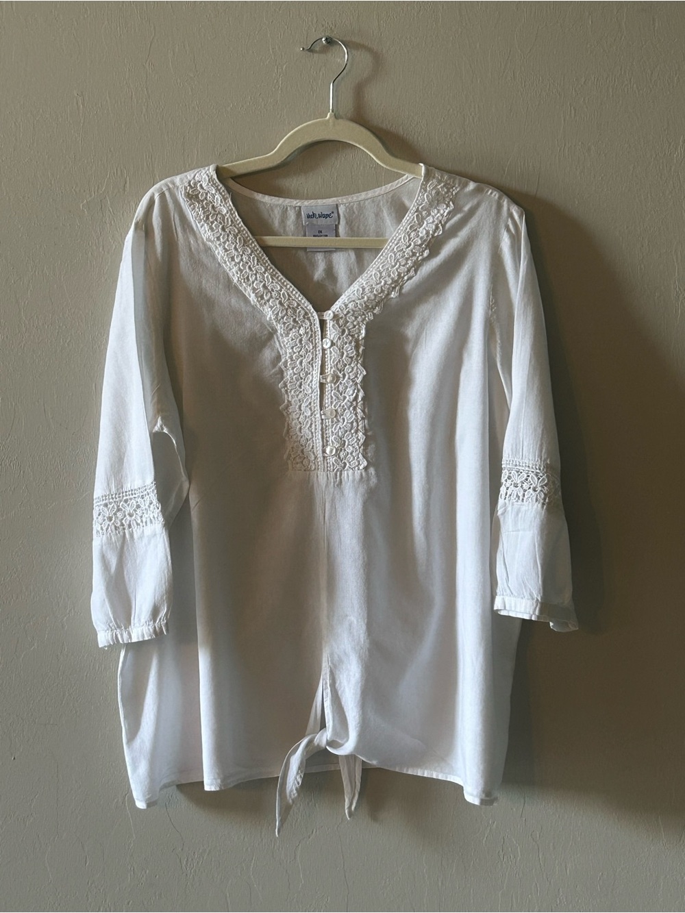 Vicki Wayne Womens Sz 1X White Lace Crochet Peasant Tie Front 100% Cotton Blouse